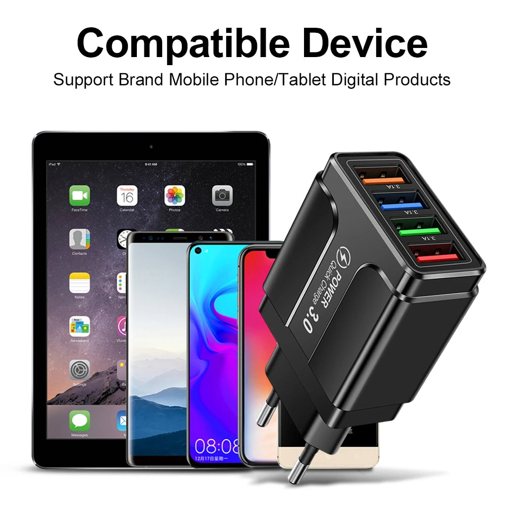 Fast 4-Port USB Wall Charger – QC 3.0 Mobile Adapter for iPhone, Xiaomi (EU/US Plug)
