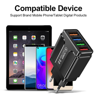 Fast 4-Port USB Wall Charger – QC 3.0 Mobile Adapter for iPhone, Xiaomi (EU/US Plug)