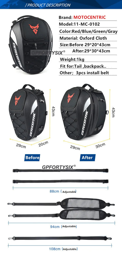 Motocentric Waterproof Motorcycle Tail Bag – High Capacity Rear Seat Backpack