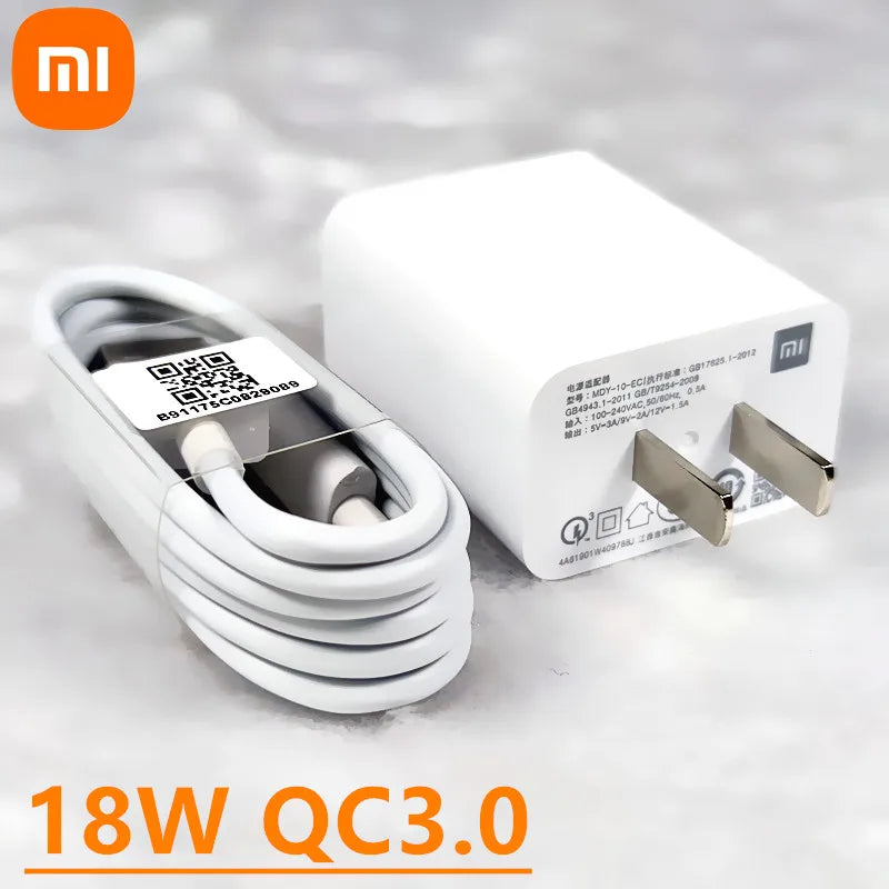 Original Xiaomi 18W Quick Charger – EU Adapter + 3A Type-C Cable for Redmi & Mi Series