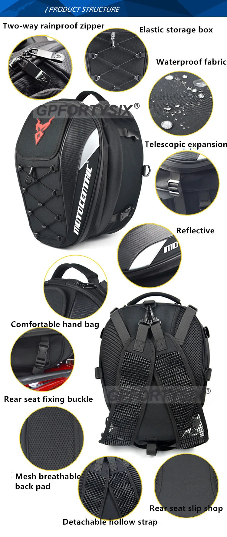 Motocentric Waterproof Motorcycle Tail Bag – High Capacity Rear Seat Backpack