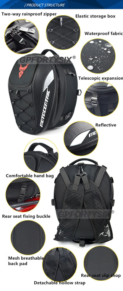 Motocentric Waterproof Motorcycle Tail Bag – High Capacity Rear Seat Backpack
