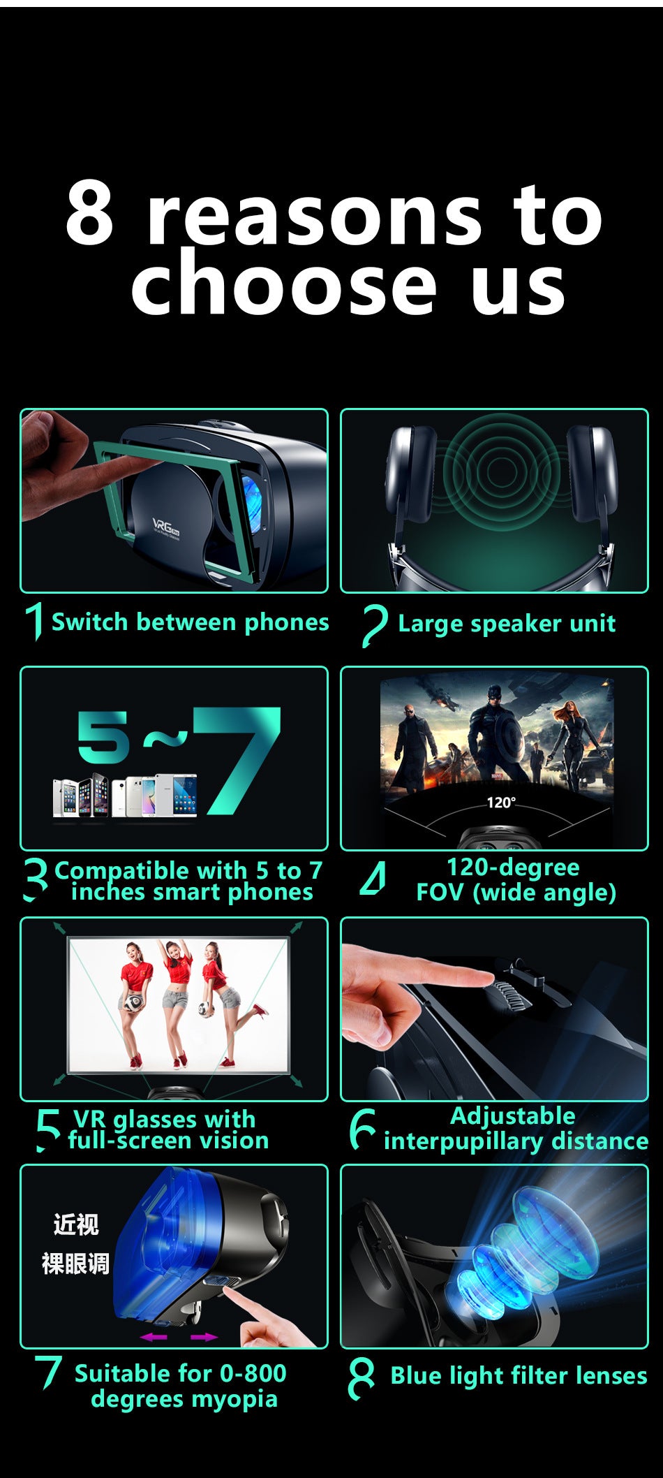 VRG Pro 3D VR Glasses – Full Screen Wide-Angle Virtual Reality for 5-7 inch Phones