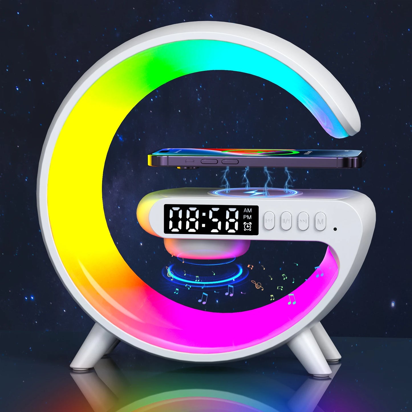 3-in-1 Wireless Charger Dock – RGB Wake-Up Light, Alarm & Bluetooth Speaker