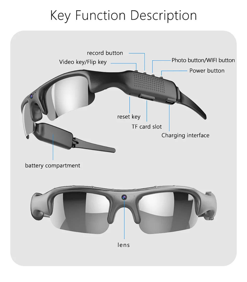 1080P HD Sports Camera Glasses – WiFi, 170° Wide Angle, Outdoor Action DV