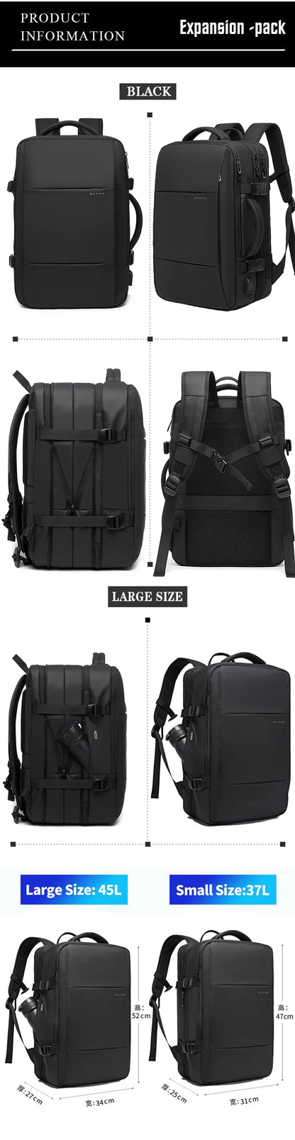 BANGE Travel & Business Backpack – Expandable, USB Charging, Waterproof, Fits 17.3” Laptop