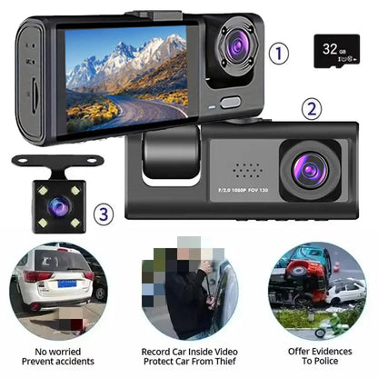 ash Cam with IR Night Vision, Loop Recording & 2" IPS Screen – 1080P Triple Camera Vehicle DVR