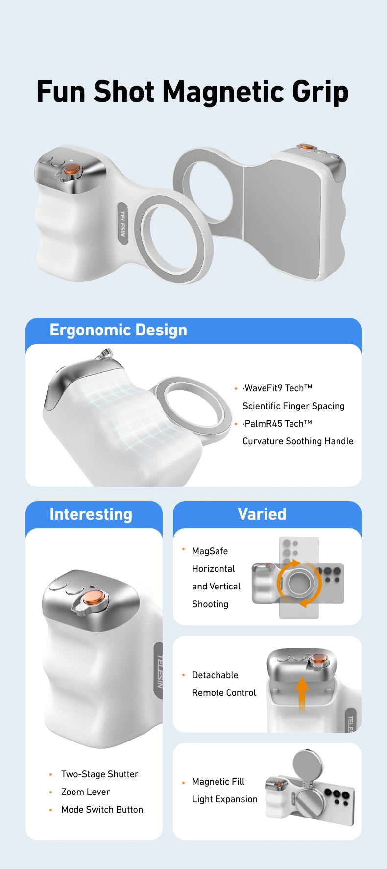 TELESIN Magnetic Phone Camera Grip – Shooting Handle with Remote Control for iPhone & Android