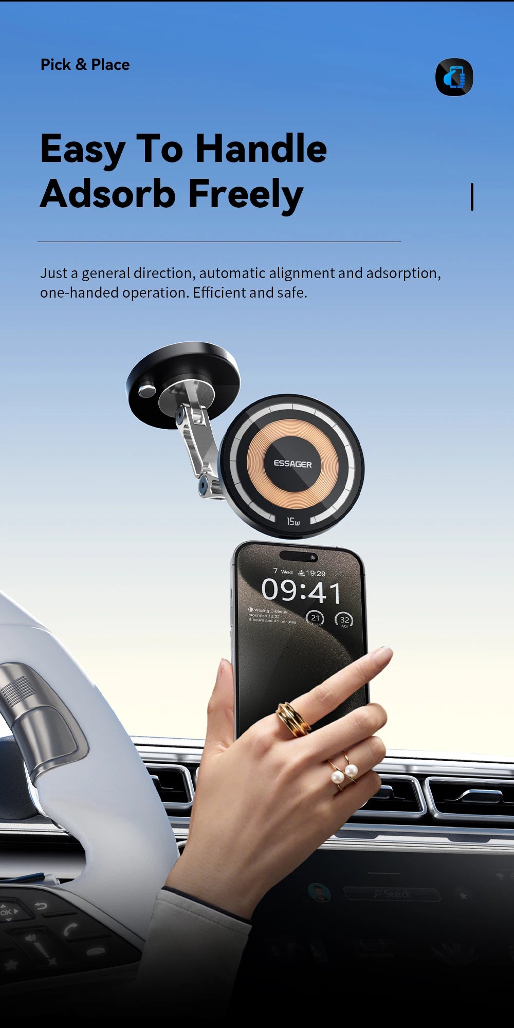 Essager Magnetic Car Wireless Charger – 15W Fast Charging Mount for MagSafe iPhone