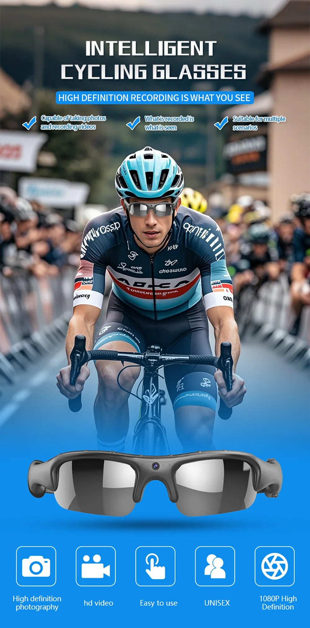 1080P HD Sports Camera Glasses – WiFi, 170° Wide Angle, Outdoor Action DV