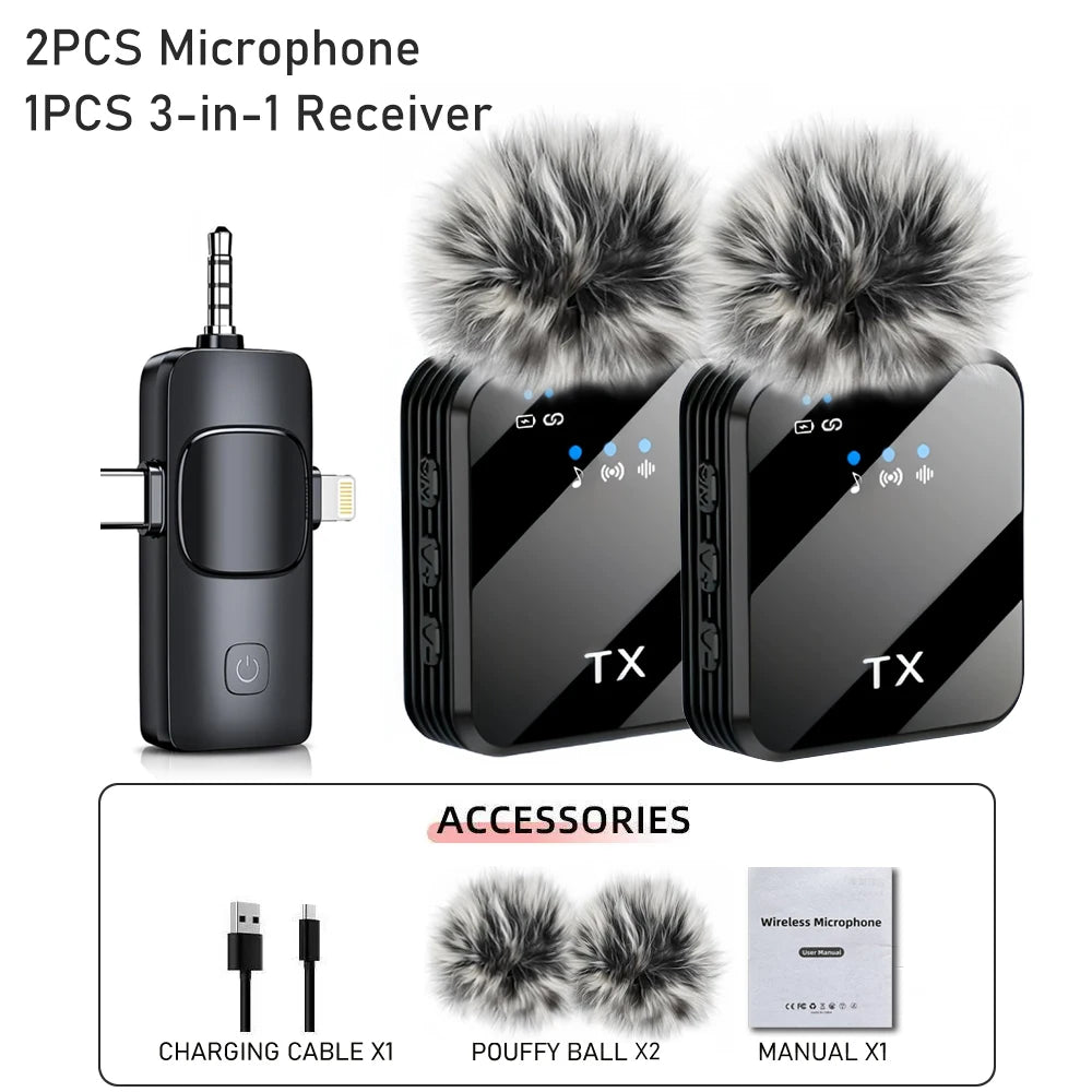 3-in-1 Wireless Lavalier Microphone – For Camera, iPhone & Android with Noise Reduction
