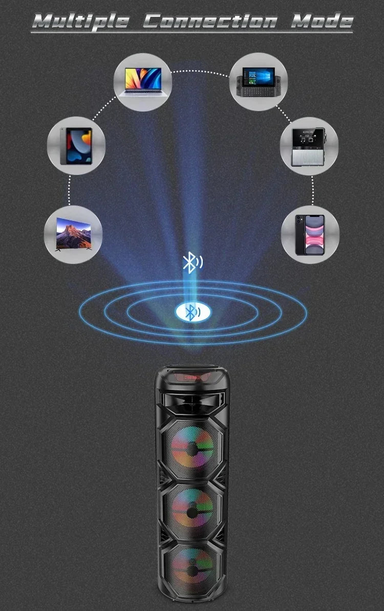 Bluetooth Stage Speaker 40W – Triple 8" Subwoofers, LED, Karaoke & Party Ready