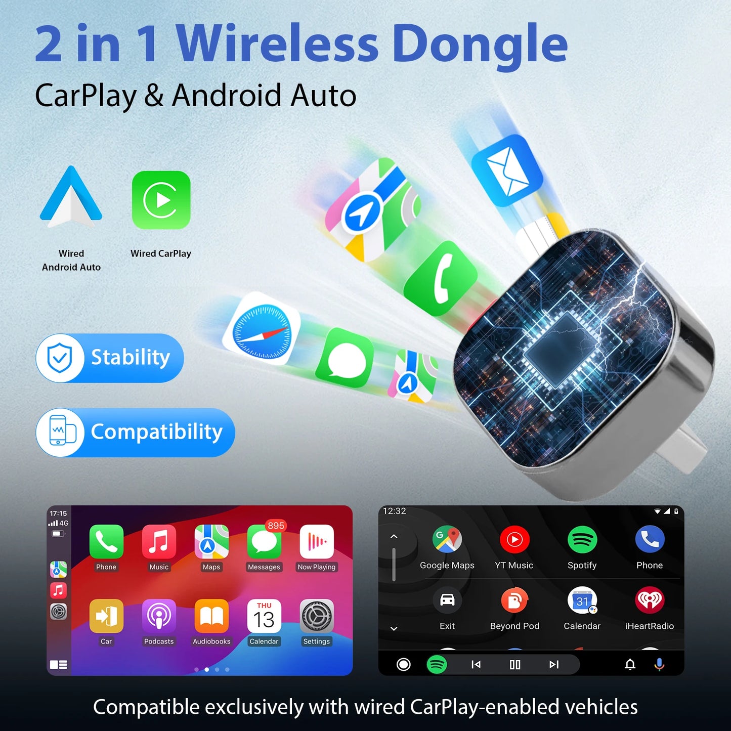 Pionray Wireless CarPlay + Android Auto 2-in-1 Adapter (5GHz, Type-C/USB)