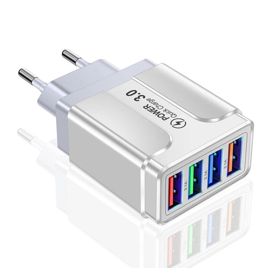Fast 4-Port USB Wall Charger – QC 3.0 Mobile Adapter for iPhone, Xiaomi (EU/US Plug)