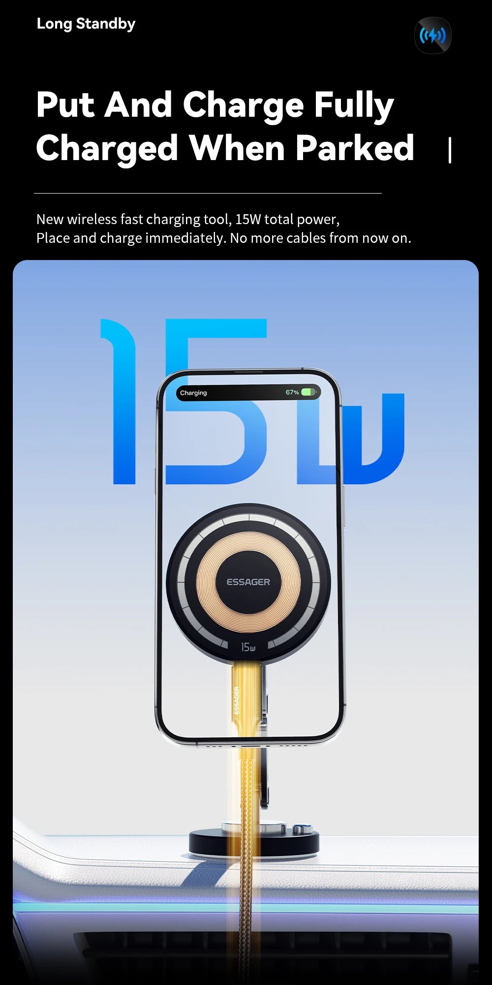 Essager Magnetic Car Wireless Charger – 15W Fast Charging Mount for MagSafe iPhone