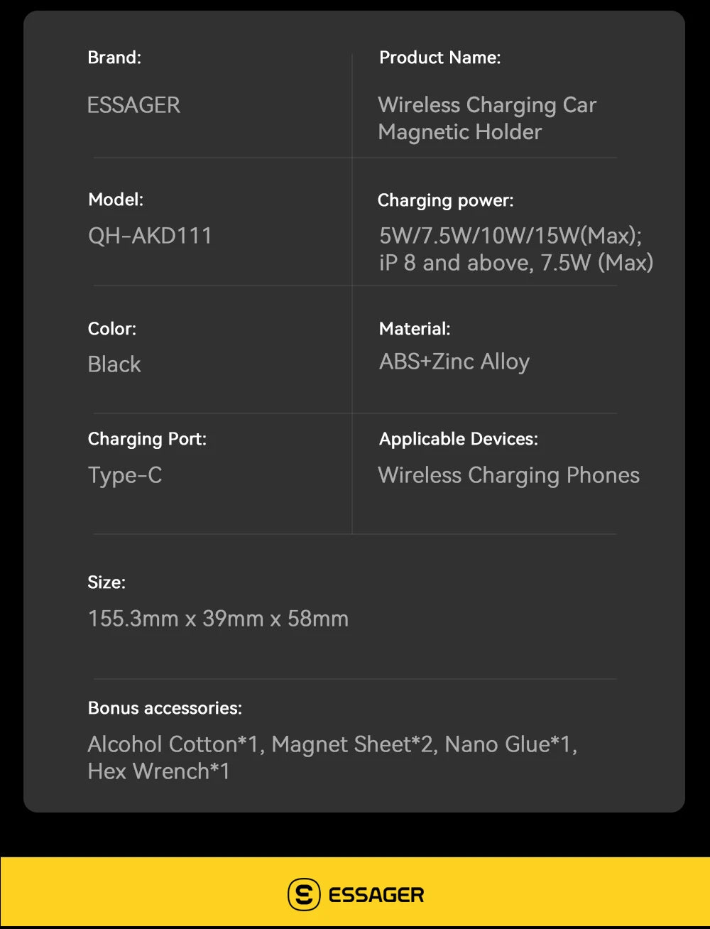 Essager Magnetic Car Wireless Charger – 15W Fast Charging Mount for MagSafe iPhone