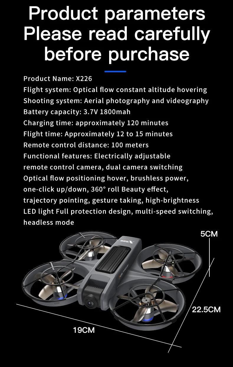 X226 Brushless Drone – Dual HD Camera, VR Control, Obstacle Avoidance, Optical Flow Hover