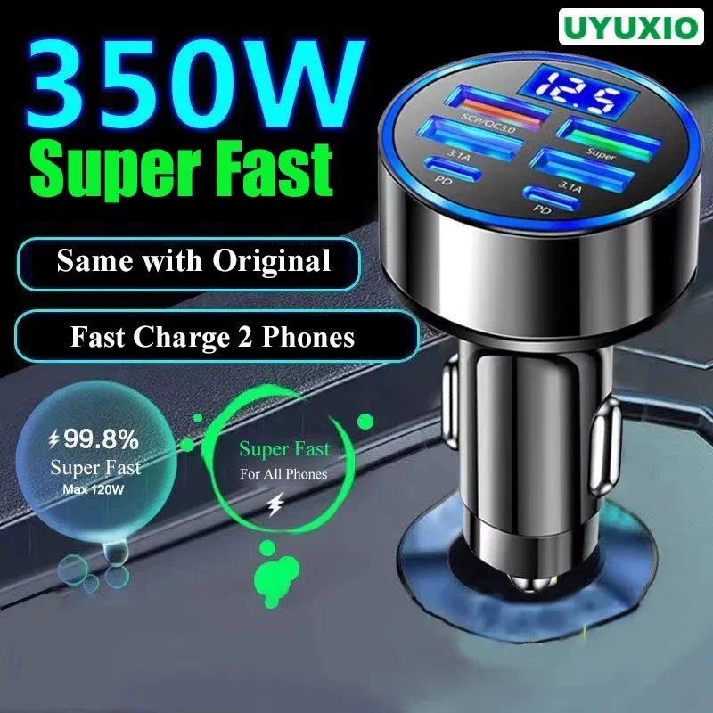 UYUXIO 6-in-1 USB-C Car Charger – Dual PD Super Fast with Voltage Display for iPhone, Samsung & Huawei