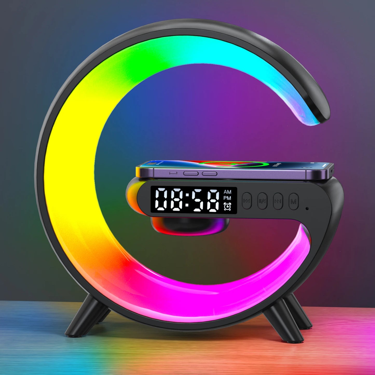 3-in-1 Wireless Charger Dock – RGB Wake-Up Light, Alarm & Bluetooth Speaker