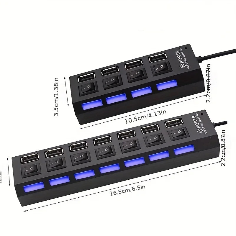 High-Speed USB 2.0 Hub 4/7 Ports – Splitter with LED & Power Switch for PC and Laptop
