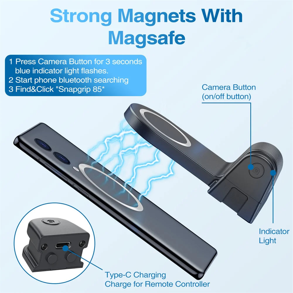 Magnetic Phone Grip with Bluetooth Shutter – MagSafe Holder & 1/4" Tripod Mount for iPhone & Android