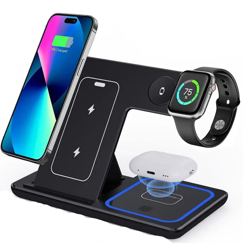 30W LED Fast Wireless Charger Stand – 3-in-1 Foldable Charging Station for iPhone, Apple Watch & AirPods