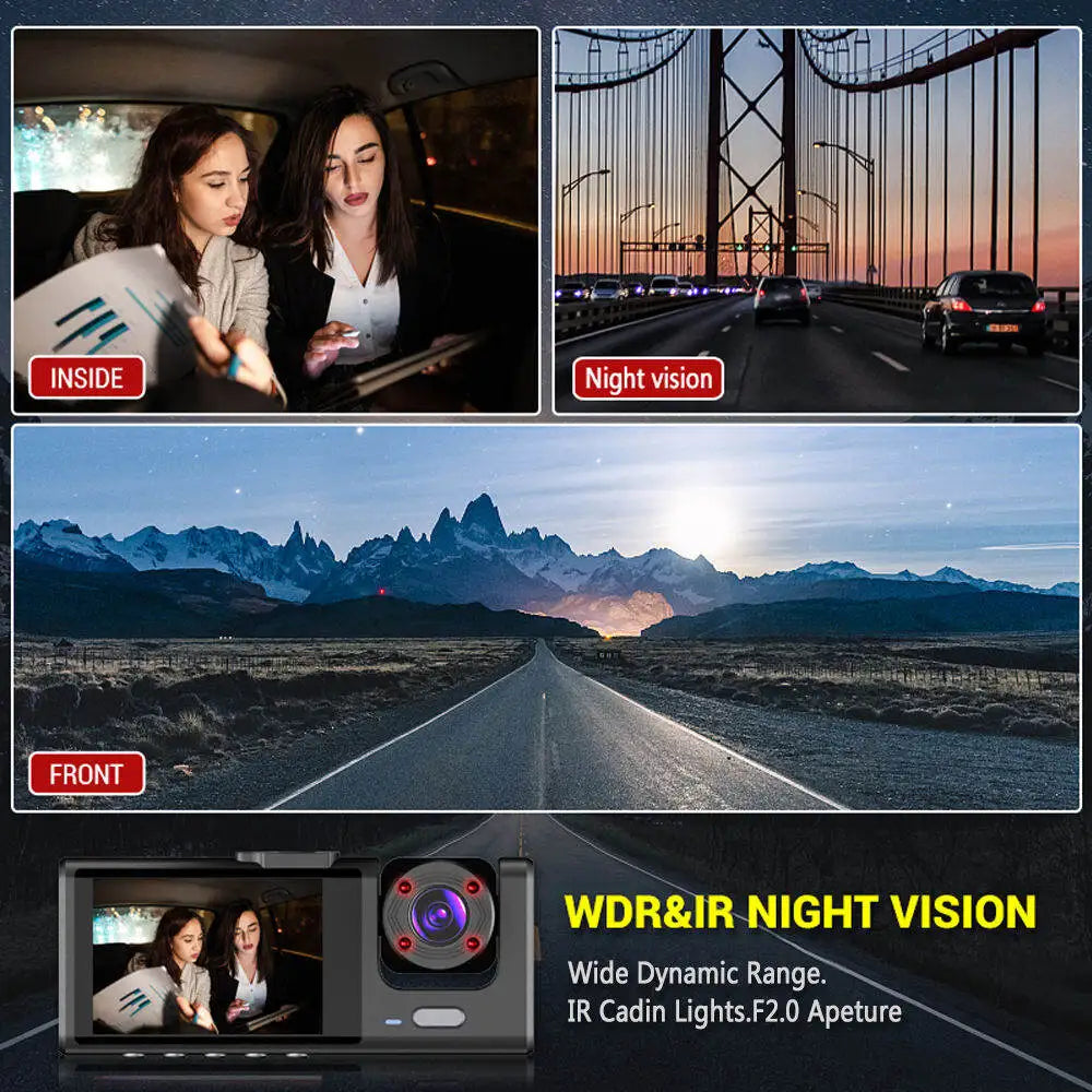 ash Cam with IR Night Vision, Loop Recording & 2" IPS Screen – 1080P Triple Camera Vehicle DVR