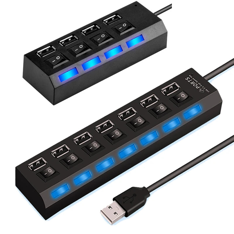 High-Speed USB 2.0 Hub 4/7 Ports – Splitter with LED & Power Switch for PC and Laptop