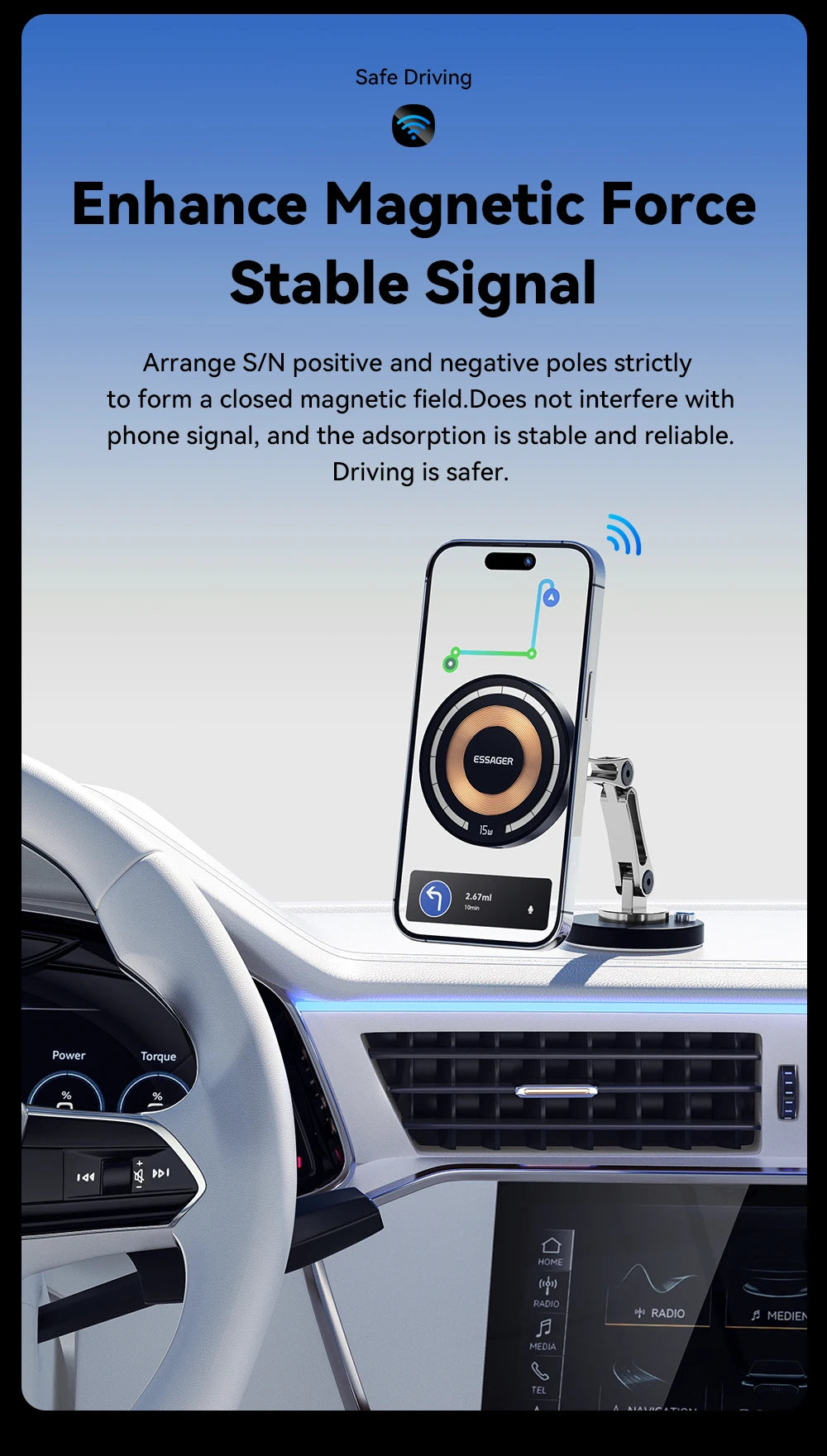 Essager Magnetic Car Wireless Charger – 15W Fast Charging Mount for MagSafe iPhone