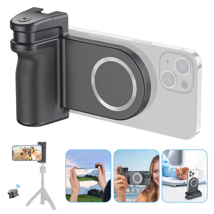 Magnetic Phone Grip with Bluetooth Shutter – MagSafe Holder & 1/4" Tripod Mount for iPhone & Android