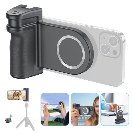 Magnetic Phone Grip with Bluetooth Shutter – MagSafe Holder & 1/4" Tripod Mount for iPhone & Android