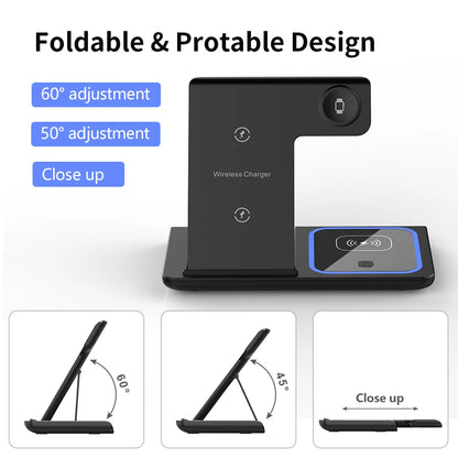 30W LED Fast Wireless Charger Stand – 3-in-1 Foldable Charging Station for iPhone, Apple Watch & AirPods