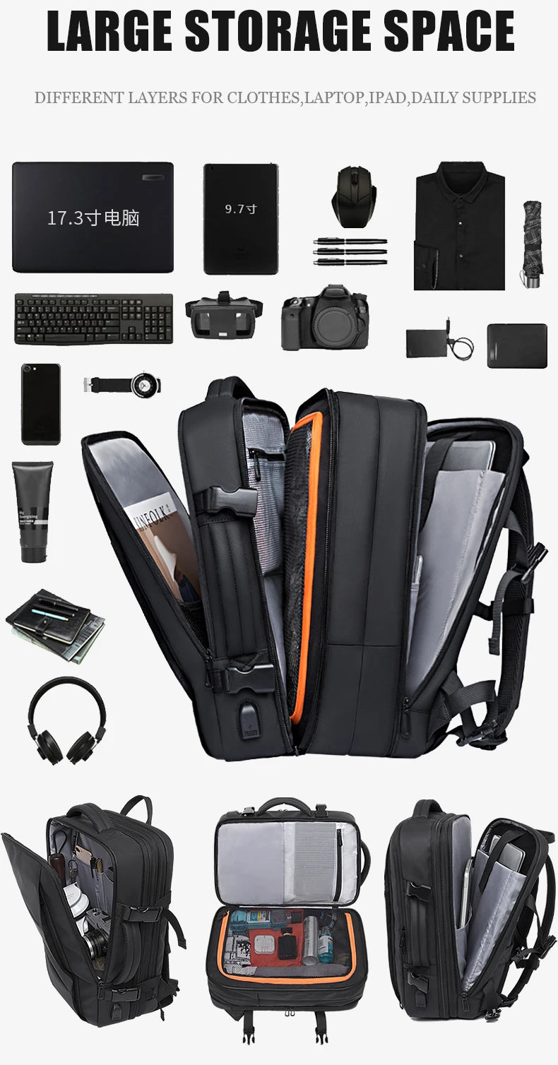 BANGE Travel & Business Backpack – Expandable, USB Charging, Waterproof, Fits 17.3” Laptop