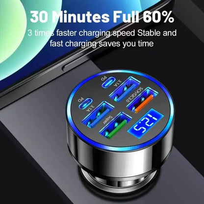 UYUXIO 6-in-1 USB-C Car Charger – Dual PD Super Fast with Voltage Display for iPhone, Samsung & Huawei