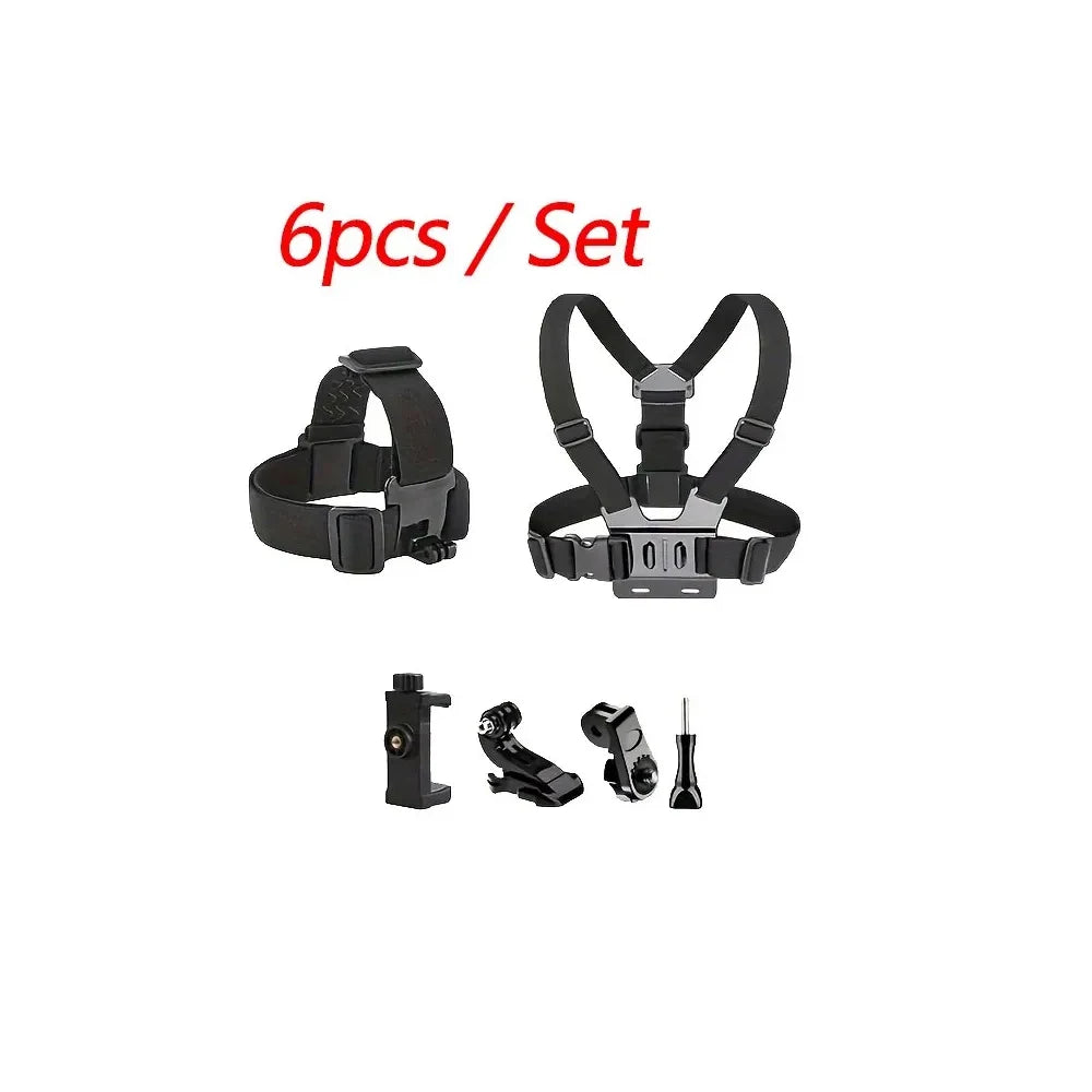 All-in-One 6pcs Action Camera Kit – Adjustable Head & Chest Mounts for GoPro, Phone & Osmo