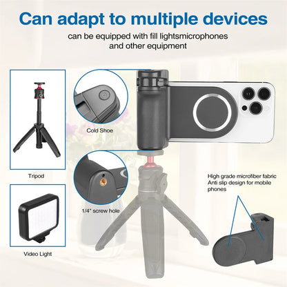 Magnetic Phone Grip with Bluetooth Shutter – MagSafe Holder & 1/4" Tripod Mount for iPhone & Android