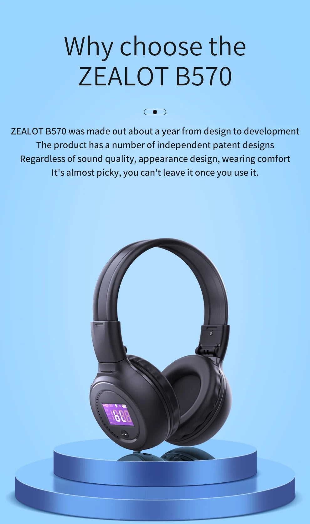 ZEALOT B570 Bluetooth Headphones – LCD, HiFi Sound, FM & TF Card Support