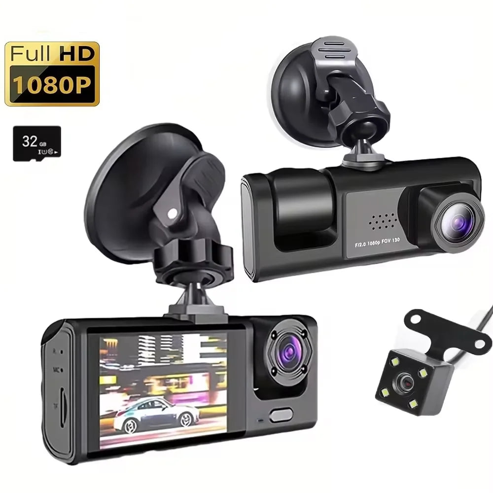 ash Cam with IR Night Vision, Loop Recording & 2" IPS Screen – 1080P Triple Camera Vehicle DVR
