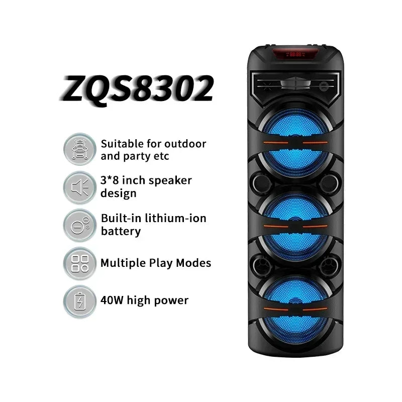 Bluetooth Stage Speaker 40W – Triple 8" Subwoofers, LED, Karaoke & Party Ready