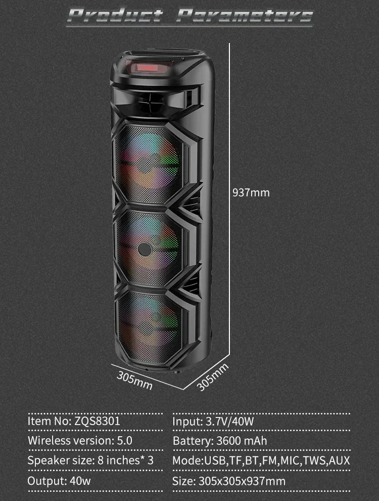 Bluetooth Stage Speaker 40W – Triple 8" Subwoofers, LED, Karaoke & Party Ready