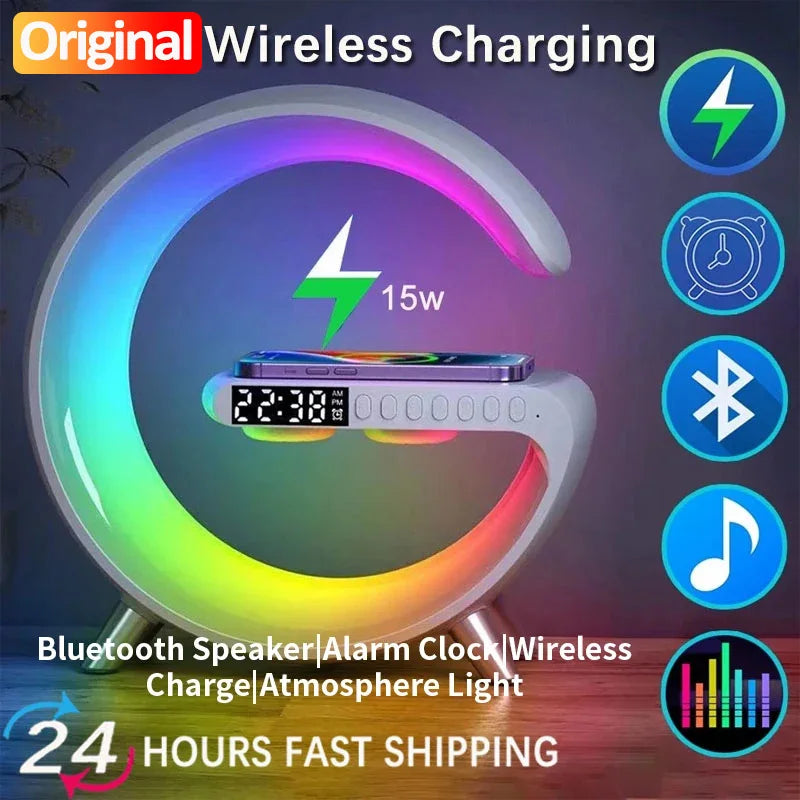 3-in-1 Wireless Charger Dock – RGB Wake-Up Light, Alarm & Bluetooth Speaker