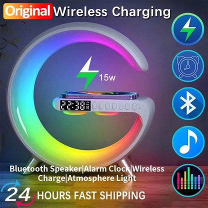 3-in-1 Wireless Charger Dock – RGB Wake-Up Light, Alarm & Bluetooth Speaker