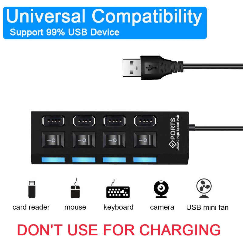 High-Speed USB 2.0 Hub 4/7 Ports – Splitter with LED & Power Switch for PC and Laptop