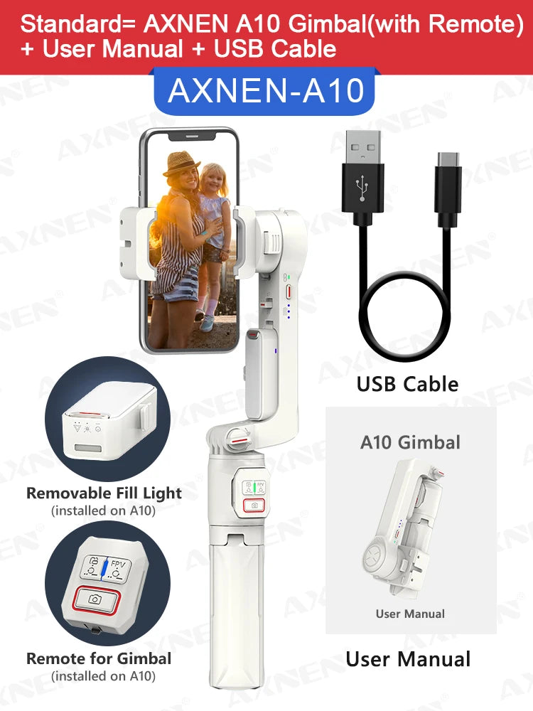 AXNEN A10 Smartphone Gimbal – Stabilizer with Fill Light, Tripod & Remote