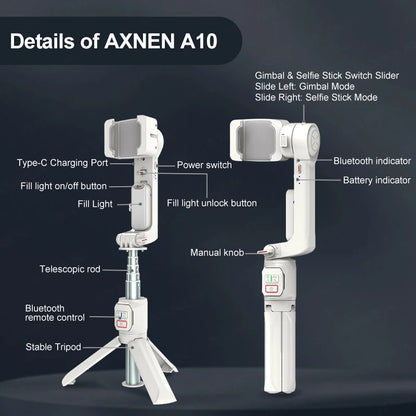 AXNEN A10 Smartphone Gimbal – Stabilizer with Fill Light, Tripod & Remote