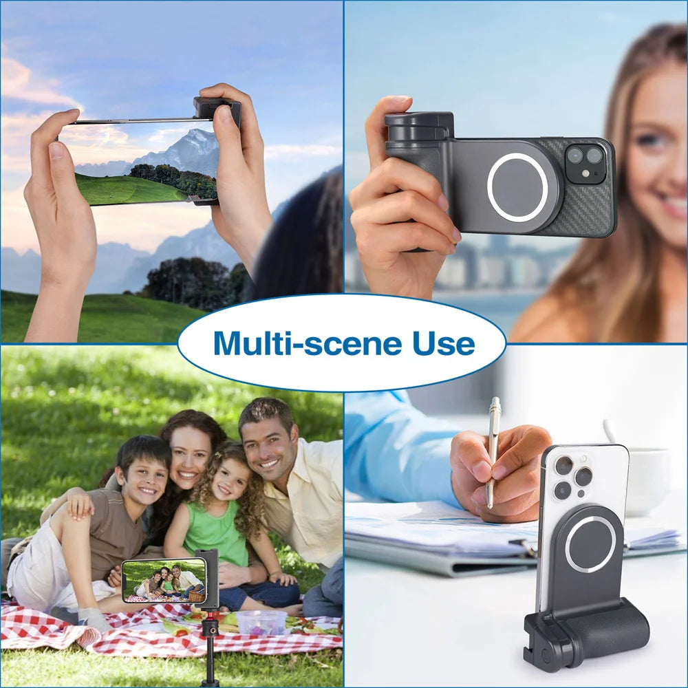 Magnetic Phone Grip with Bluetooth Shutter – MagSafe Holder & 1/4" Tripod Mount for iPhone & Android
