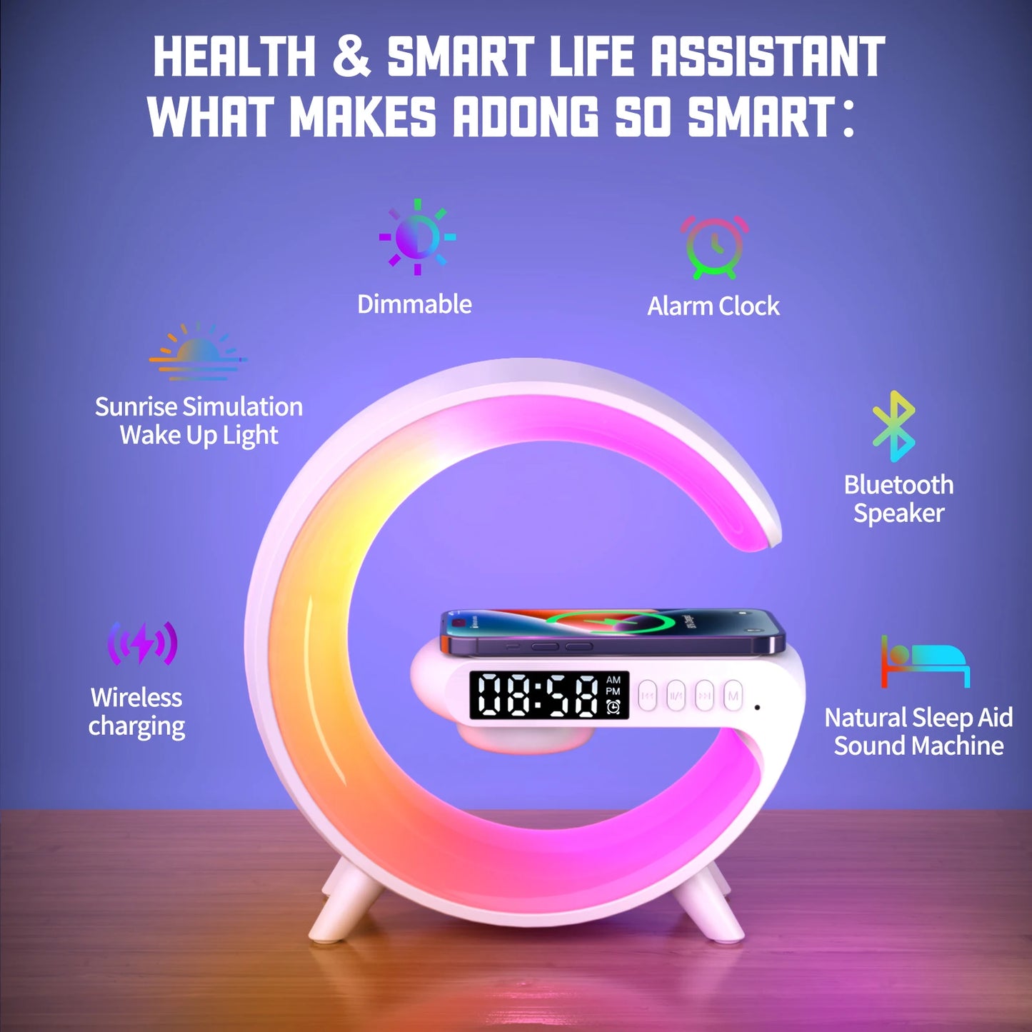 3-in-1 Wireless Charger Dock – RGB Wake-Up Light, Alarm & Bluetooth Speaker
