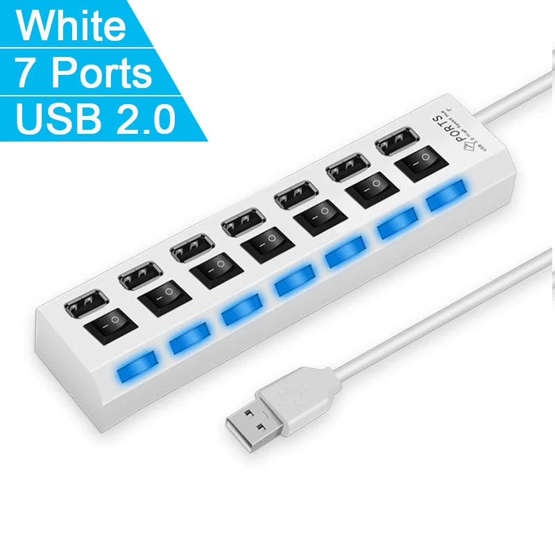 High-Speed USB 2.0 Hub 4/7 Ports – Splitter with LED & Power Switch for PC and Laptop