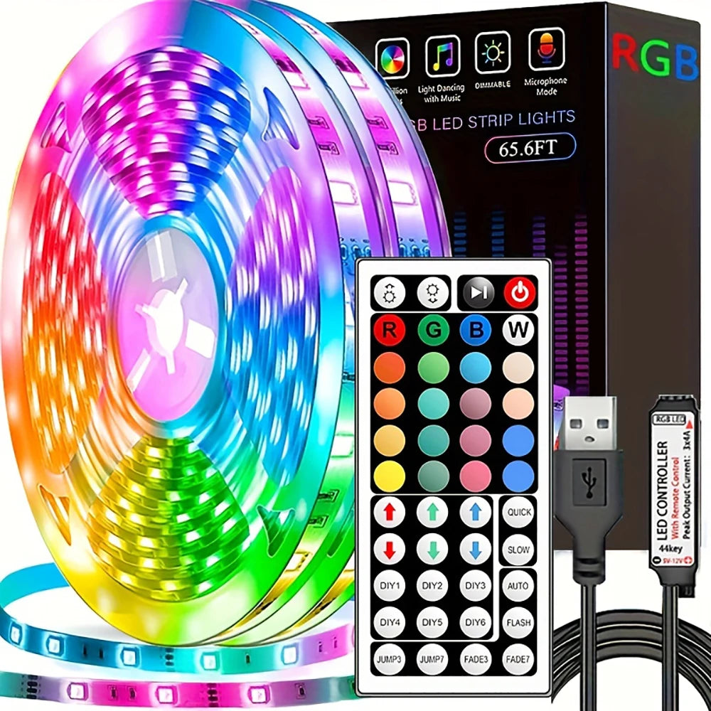 RGB LED Tape Lights 20m – 44-Key Remote for Wall, Home, and Party Decor