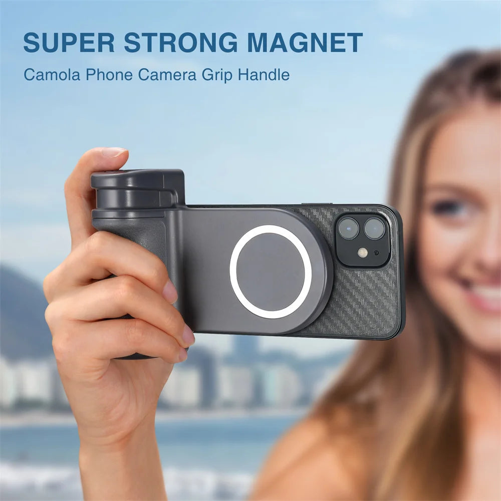 Magnetic Phone Grip with Bluetooth Shutter – MagSafe Holder & 1/4" Tripod Mount for iPhone & Android